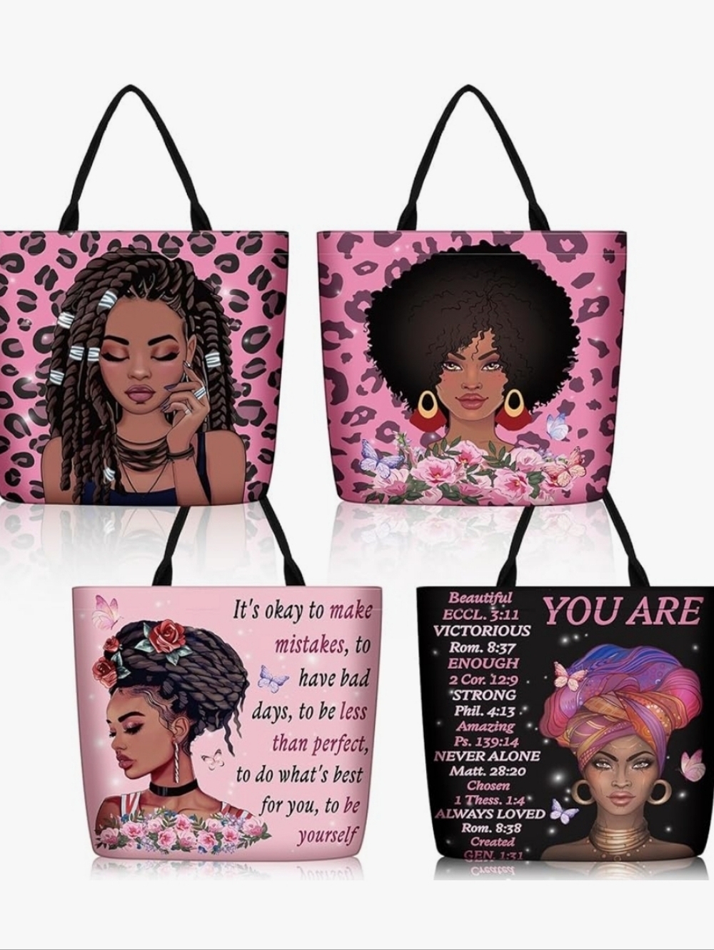 4 Pack Pink Afro Print Tote Bags – Women’s Fashion Shoulder Bags